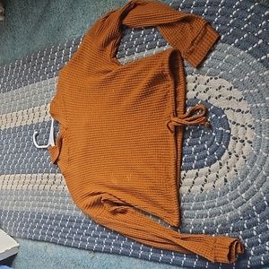 Mustard yellow sweater with a hood(a little cropped)